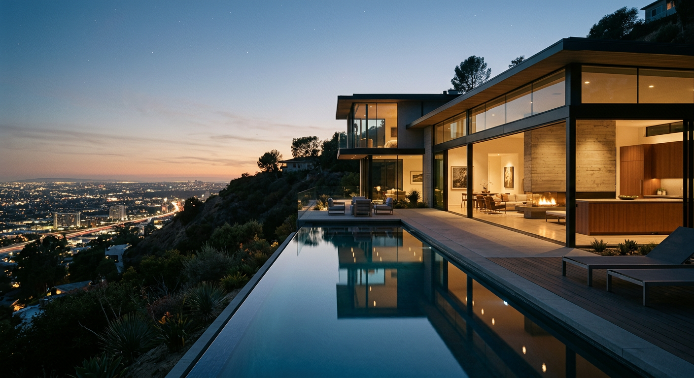 Hollywood Hills estate with city views at dusk