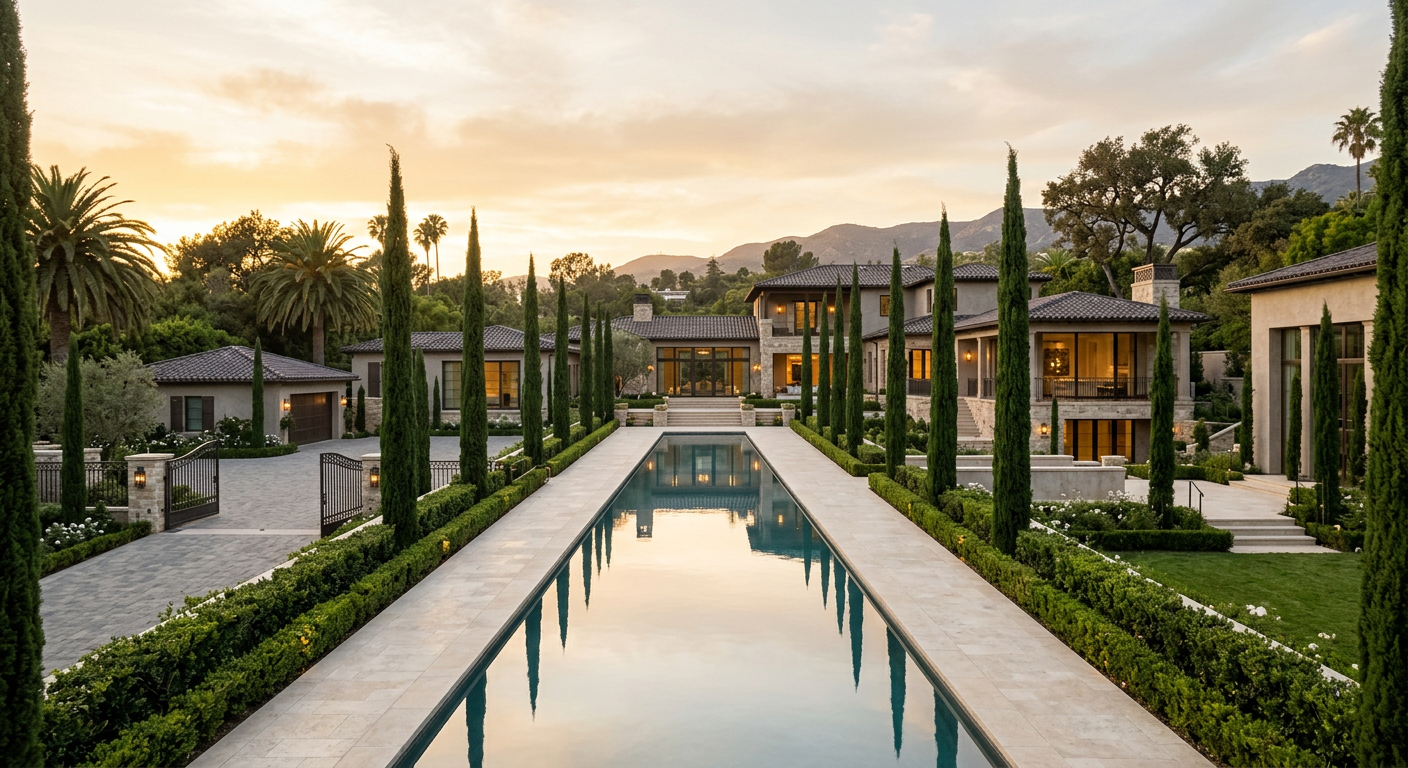 Reflecting pool and cypress-lined grounds of a Beverly Hills estate
