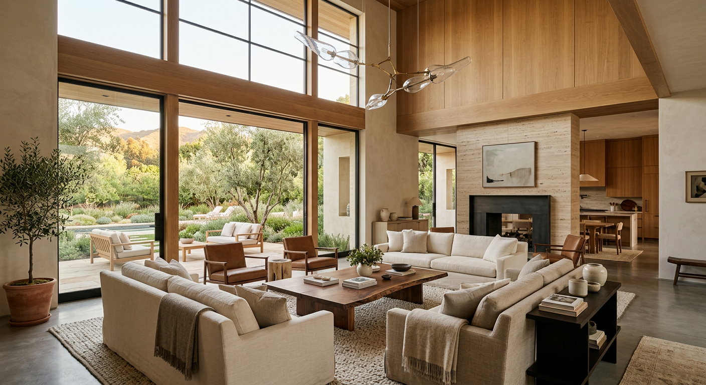 Double-height great room of a Los Angeles estate opening onto a garden terrace