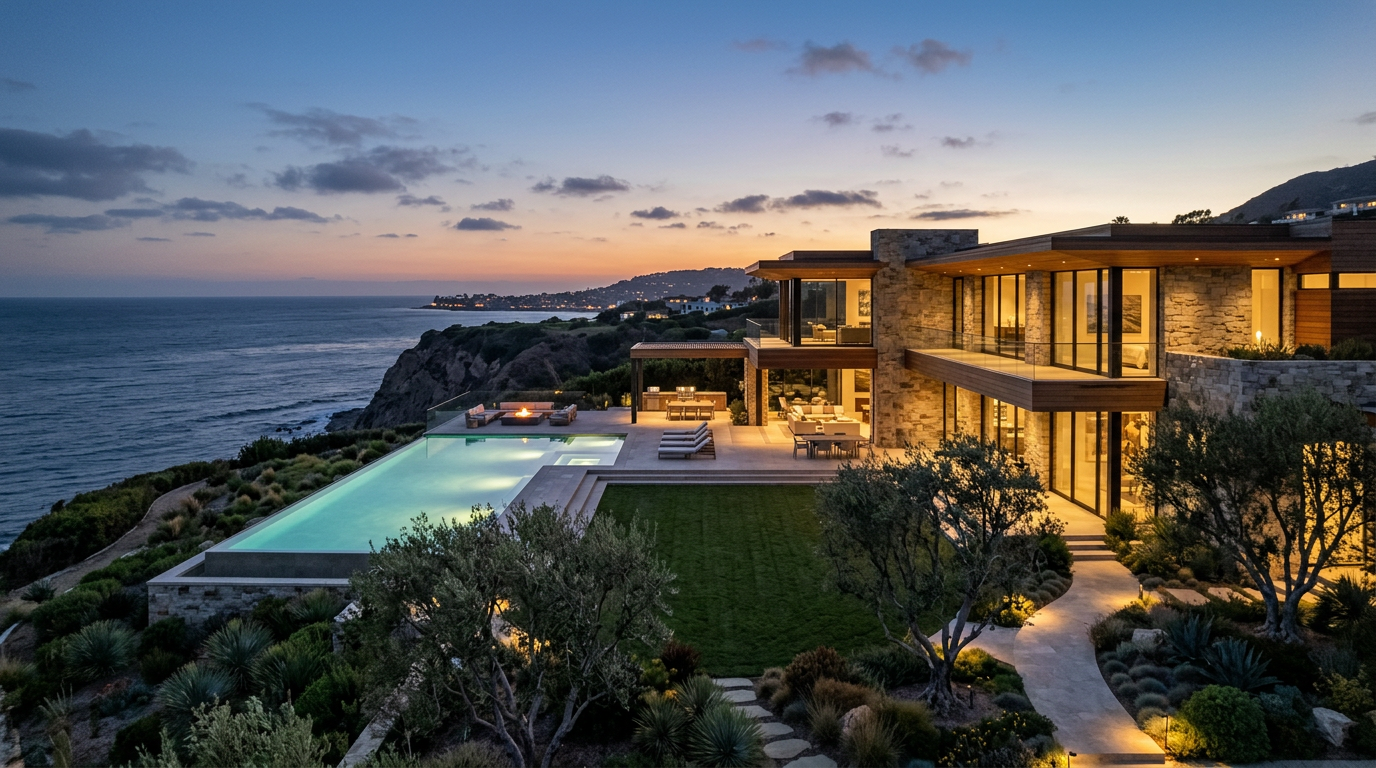 Oceanfront Malibu estate with an illuminated pool at dusk